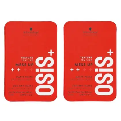 Duas embalagens vermelhas de Schwarzkopf Professional, com rótulos exibindo o nome "Texture Mess Up"