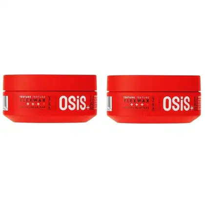 Dois potes de creme para cabelos da marca Osis+, com embalagem vermelha e texto branco, apresentando textura flexível e promessa de fixação forte.
