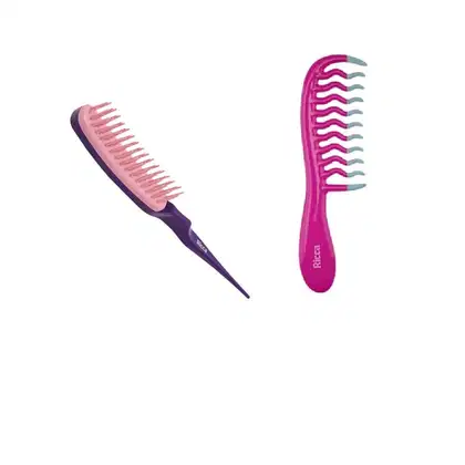 Imagem do produto Kit Ricca - Pente para Fitagem de Cabelo + Pente de Cabelos Cachos e Ondas Rosa