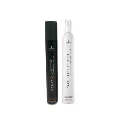 Dois itens de Schwarzkopf Professional: um frasco preto com rótulo escuro e uma embalagem branca com bomba de spray.