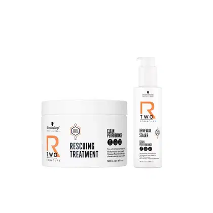 Dois produtos de tratamento para cabelos da marca Schwarzkopf Professional: um pote branco com rótulo laranja e um frasco branco com rótulo laranja, ambos com texto "Rescuing Treatment" e "Renewal Sealer".
