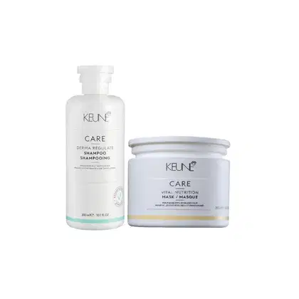O conjunto de produtos Keune Care inclui um frasco de shampoo Derma Regulate e um pote de máscara Vital Nutrition, ambos em embalagens brancas com detalhes em verde e amarelo, exibindo o logotipo da marca.