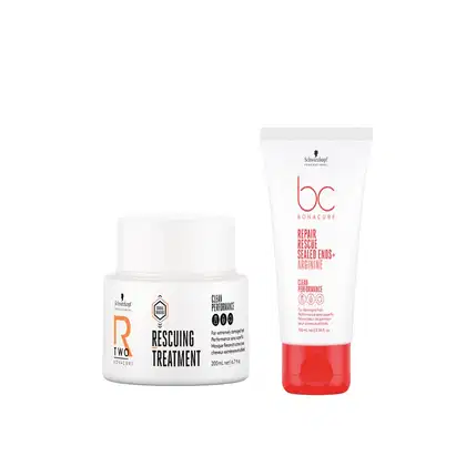 Schwarzkopf Professional apresenta dois produtos da linha Bonacure: um pote branco com rótulo laranja contendo "Rescuing Treatment" e um tubo vermelho com rótulo branco contendo "Repair Rescue Sealed Ends + Arginine".