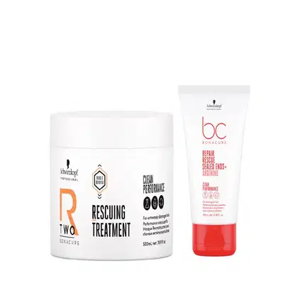 Schwarzkopf Professional Bonacure Rescuing Treatment, um pote branco com rótulo laranja e preto, e um tubo vermelho com rótulo branco e vermelho, ambos produtos da linha de tratamento para cabelos danificados.
