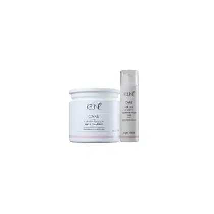 Keune Care Keratin Smooth Mask e Keratin Smooth Polisher, embalagens brancas com logotipo da marca. Máscara em pote e polidor em frasco, produtos de tratamento para cabelos.