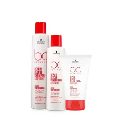 Três produtos da linha Bonacure da Schwarzkopf Professional: shampoo, condicionador e tratamento capilar em embalagens brancas e vermelhas, com rótulos indicando "Repair Rescue" e "Clean Performance".