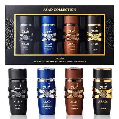 A coleção de perfumes Asad da Lattafa, composta por 4 frascos de 25ml cada, em embalagens pretas, azuis, marrons e douradas, com rótulos destacando os nomes dos perfumes: Elixir, Zanzibar, Bouban e Lattafa.