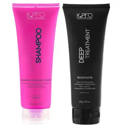 Kit com shampoo da linha Hidra, da marca K.Pro, além do Tratamento Deep Reconstructor.