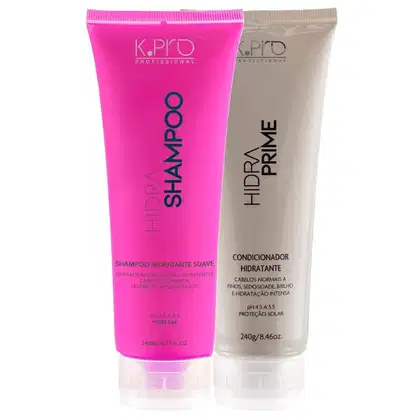 Kit com shampoo e condicionador da linha Hidra, da marca K.Pro. 