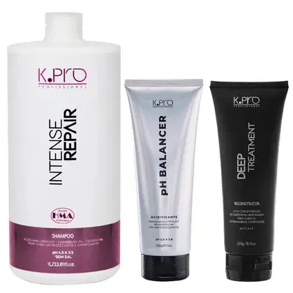 Kit com shampoo da linha Intense Repair, da marca K.Pro, além de acidificante pH Balancer e tratamento Deep Reconstructor, da mesma marca.