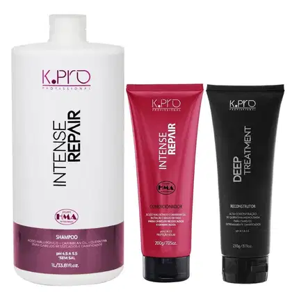 Kit com shampoo e condicionador da linha Intense Repair, da marca K.Pro.  Também acompanha tratamento Deep Reconstructor, da mesma marca.