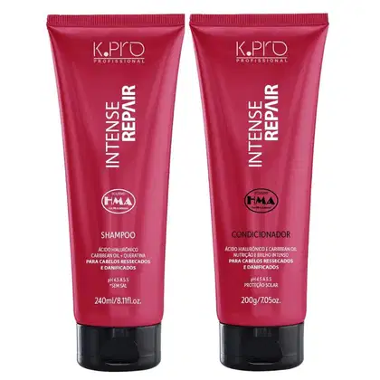 Kit com shampoo e condicionador da linha Intense Repair, da marca K.Pro.  