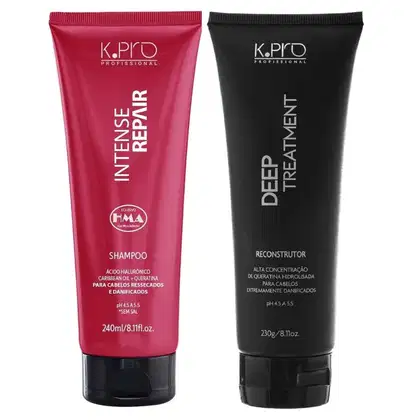 Kit com shampoo da linha Intense Repair, e tratamento Deep Reconstructor da marca K.Pro. 