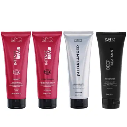 Kit com shampoo e condicionador da linha Intense Repair, da marca K.Pro.  Também acompanha acidificante pH Balancer e tratamento Deep Reconstructor, da mesma marca.