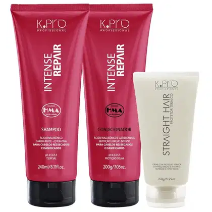 Kit com shampoo e condicionador da linha Intense Repair, da marca K.Pro. Também acompanha protetor térmico Straight Hair, da mesma marca.