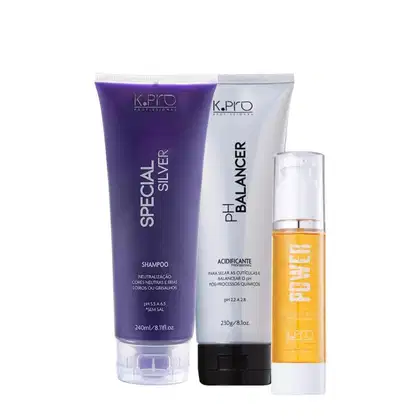 Conjunto de produtos para cabelos da marca K.Pro: shampoo roxo Special Silver, acidificante pH Balancer e frasco de óleo capilar amarelo