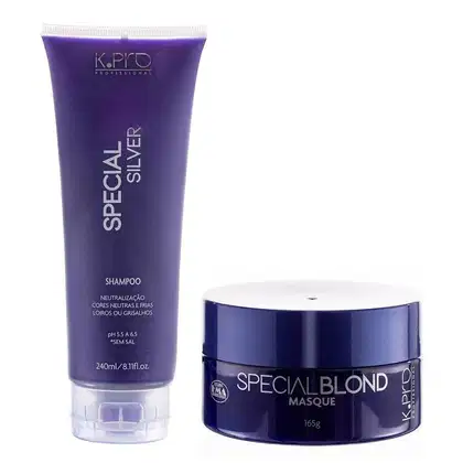 Dois produtos da marca K.Pro: um frasco de shampoo de 240ml com rótulo roxo e uma embalagem de máscara Special Blond de 165g, também em tom roxo.
