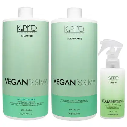 Kit K.Pro Veganíssima com Shampoo Moisturizer 1L + Acidificante 1Kg + Leave-In Acqua Oil 200ml, em embalagens na cor verde