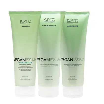 Kit K.Pro Veganíssima com Shampoo Moisturizer 240ml + Condicionador 230g + Acidificante 230g, em embalagens na cor verde