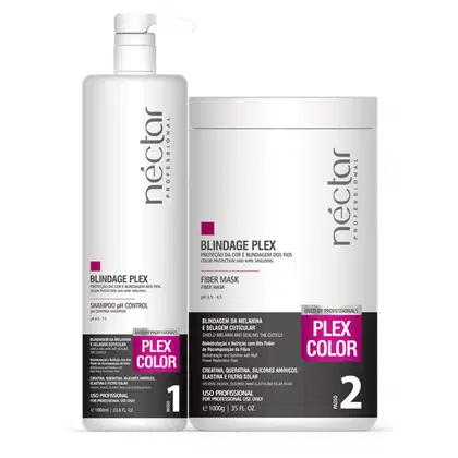 Apresenta dois itens: um frasco de shampoo Blindage Plex com bomba dosadora e uma máscara Blindage Plex, ambos em cores branca e rosa, com rótulos indicando o uso profissional e os benefícios do tratamento de cor e blindagem dos fios.
