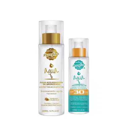 Dois frascos de produtos Parafina Bronze: um frasco branco com rótulo dourado contendo "Água Aceleradora de Bronzeado", e outro frasco branco com rótulo azul contendo "Protetor Solar FPS 30".
