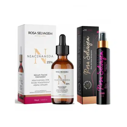 Produtos da marca Rosa Selvagem: sérum facial clareador com niacinamida 25%, ácido hialurônico e alpha-arbutina em frasco de 30 mL; e spray corporal com rosa selvagem em embalagem de 100 mL.
