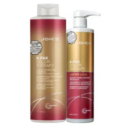 Dois produtos da marca Joico da linha K-Pak Color Therapy: um frasco de shampoo protetor de cor e um frasco de tratamento instantâneo Luster Lock para brilho e reparo.