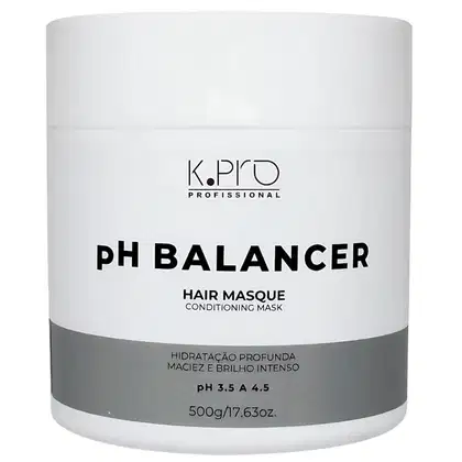 Frasco branco com rótulo preto e cinza da marca K.Pro Professional, contendo máscara condicionadora de cabelo "pH Balancer" com informações sobre o produto, como hidratação profunda e brilho intenso.