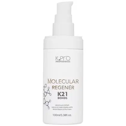 Frasco branco de 100ml com bomba dosadora contendo produto de tratamento capilar da marca K.Pro Professional, chamado "Molecular Regener K21 Bonds".