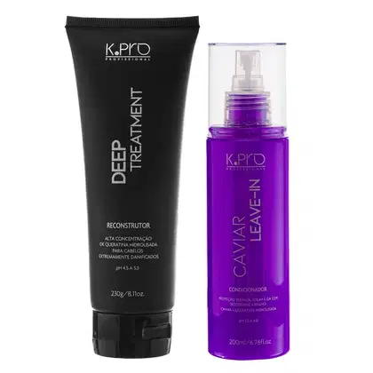 Leave-in em spray K.pro da linha Caviar. Embalagens em tons de roxo com textos e logotipos da marca. Também conta com tratamento capilar Deep Reconstructor.