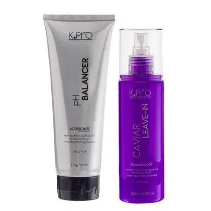 Leave-in em spray K.pro da linha Caviar. Embalagens em tons de roxo com textos e logotipos da marca. Também conta com acidificante pH Balancer.