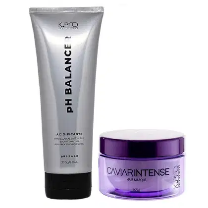 Máscara capilar K.pro da linha Caviar. Embalagens em tons de roxo com textos e logotipos da marca. Também conta com acidificante pH Balancer.