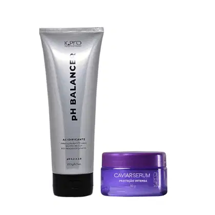 Sérum capilar K.pro da linha Caviar. Embalagens em tons de roxo com textos e logotipos da marca. Também conta com acidificante pH Balancer.