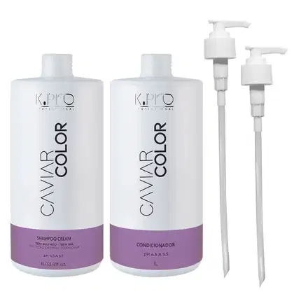 Frascos de Shampoo e Condicionador Caviar Color, todos da marca K.Pro. Acompanha 2 válvulas pump.