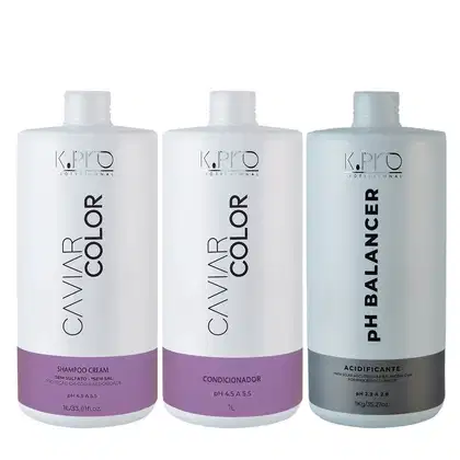 Frascos de Shampoo e Condicionador Caviar Color, além de Acidificante pH Balancer, todos da marca K.Pro.