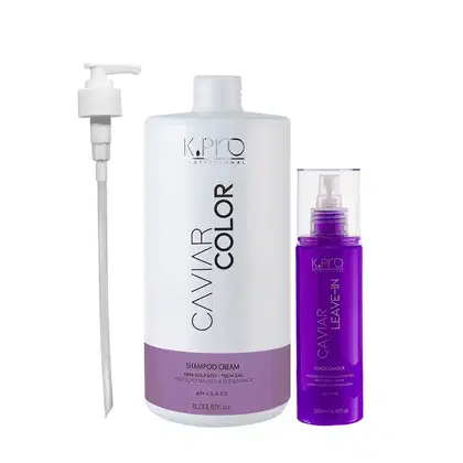 Frascos de Shampoo e Leave-in Caviar, todos da marca K.Pro. Acompanha válvula pump.