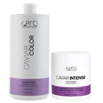 Frascos de Shampoo e Máscara Caviar, todos da marca K.Pro.