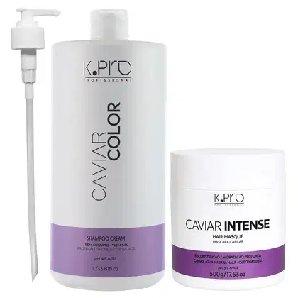Frascos de Shampoo e Máscara Caviar, todos da marca K.Pro. Acompanha 1 Válvula pump.
