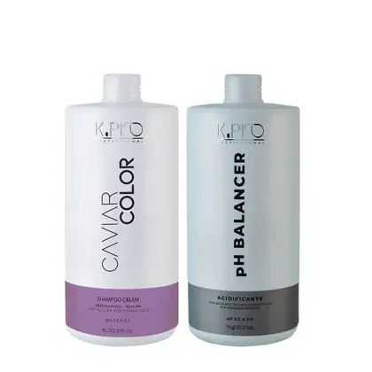 Frascos de Shampoo Caviar Color e Acidificante pH Balancer, ambos da marca K.Pro.