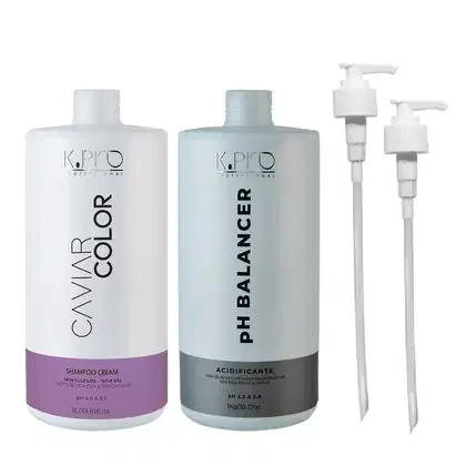 Frascos de Shampoo Caviar Color e Acidificante pH Balancer, ambos da marca K.Pro. Acompanha 2 válvulas pump.