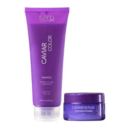 Dois produtos de beleza da marca K.Pro: um frasco de shampoo roxo de 240ml e um pote de creme de tratamento Caviar Serum de 80g, ambos com embalagens roxas e brancas.