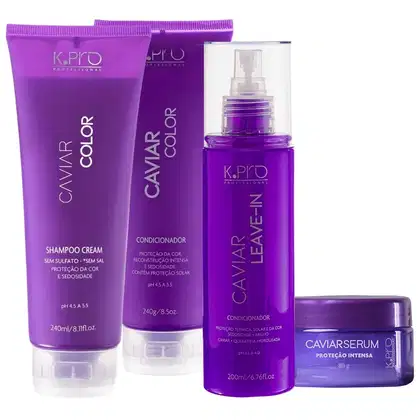 Conjunto de produtos de beleza K.pro da linha Caviar incluindo shampoo, condicionador, leave-in e sérum. Embalagens em tons de roxo com textos e logotipos da marca.