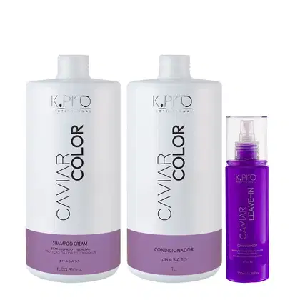 Frascos de Shampoo, Condicionador e Leave-in Caviar Color, todos da marca K.Pro. 