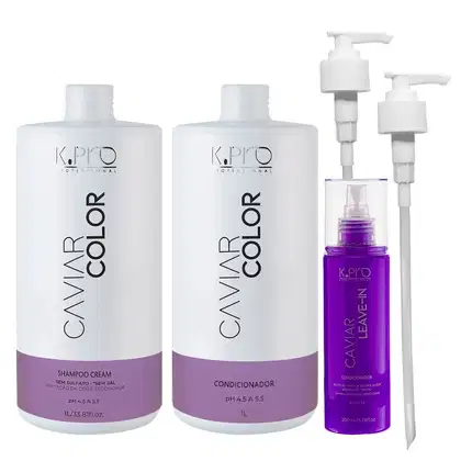 Frascos de Shampoo, Condicionador e Leave-in Caviar Color, todos da marca K.Pro. Acompanha 2 válvulas pump.