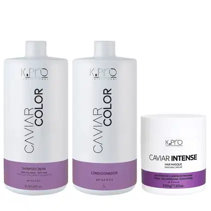 Frascos de Shampoo, Condicionador e Máscara Caviar Color, todos da marca K.Pro.