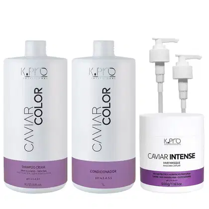 Frascos de Shampoo, Condicionador e Máscara Caviar Color, todos da marca K.Pro. Acompanha 2 válvulas pump.