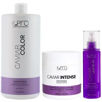 Frascos de Shampoo, Máscara e Leave-in Caviar Color, todos da marca K.Pro. 