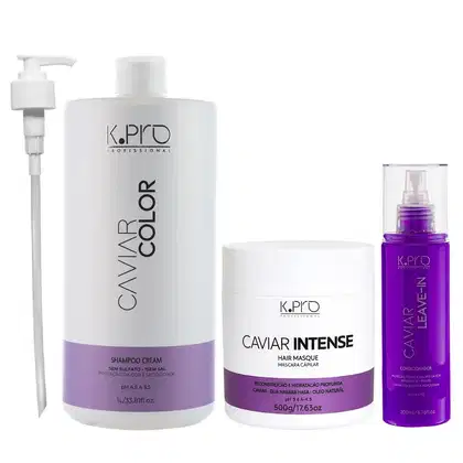 Frascos de Shampoo, Máscara e Leave-in Caviar Color, todos da marca K.Pro. Acompanha 1 Válvula pump