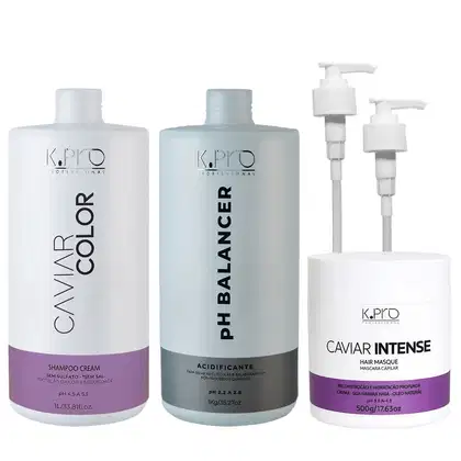 Frascos de Shampoo e Máscara Caviar, além de Acidificante pH Balancer, ambos da marca K.Pro. Acompanha 2 válvulas pump.
