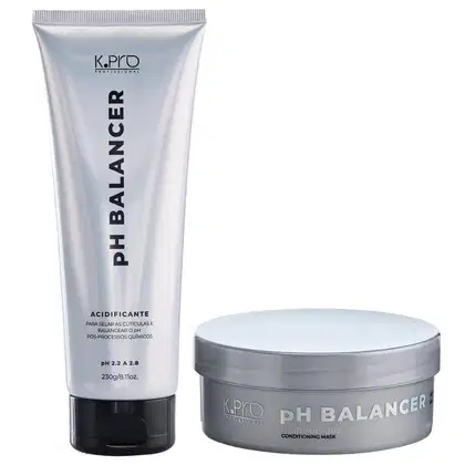 Produtos de beleza da marca K-pro, incluindo um tubo de acidificante e um pote de máscara condicionadora pH Balancer, ambos com embalagens prateadas e pretas.